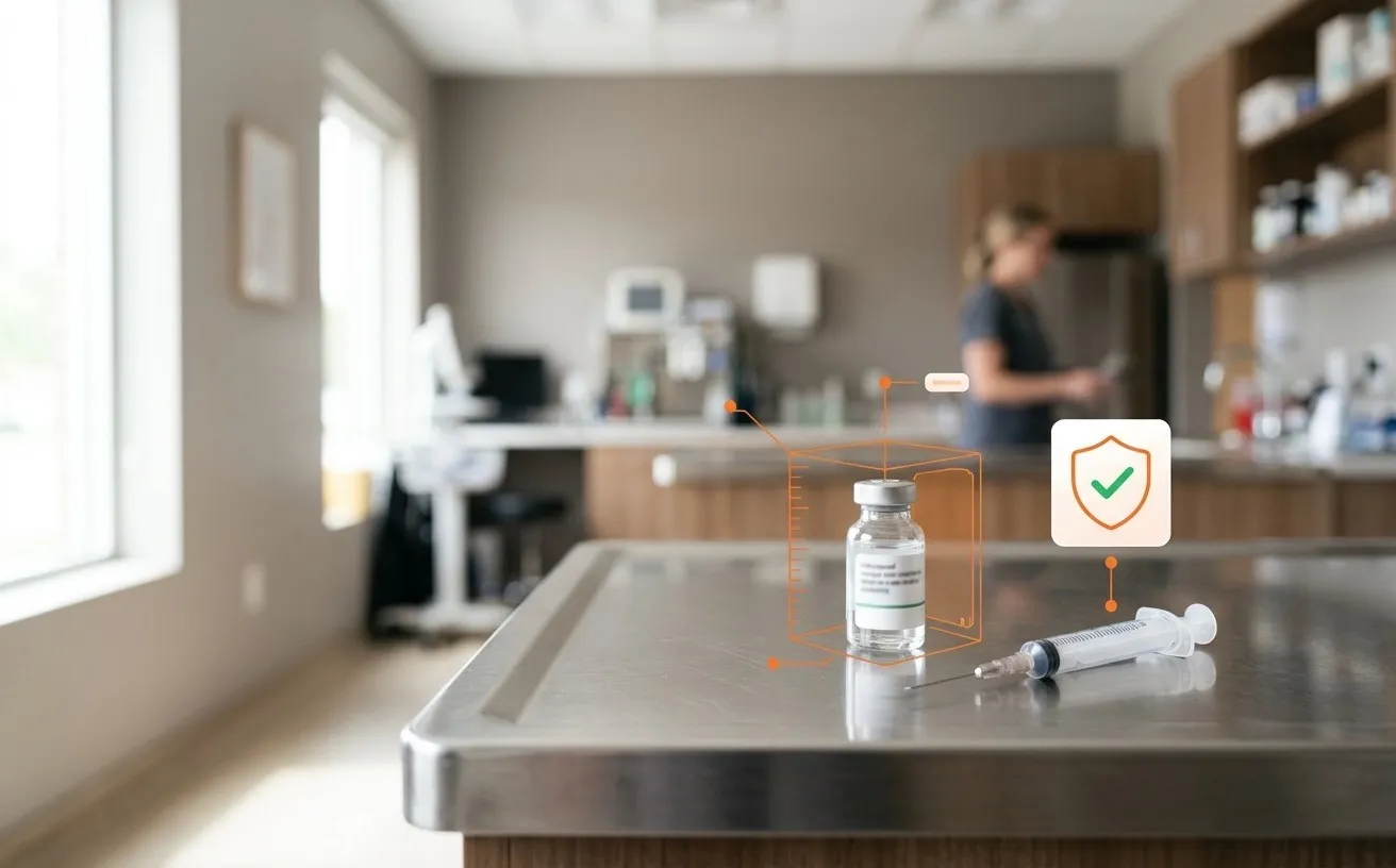 A medicine vial and syringe overlaid with a fine calibration grid and a verified checkmark shield