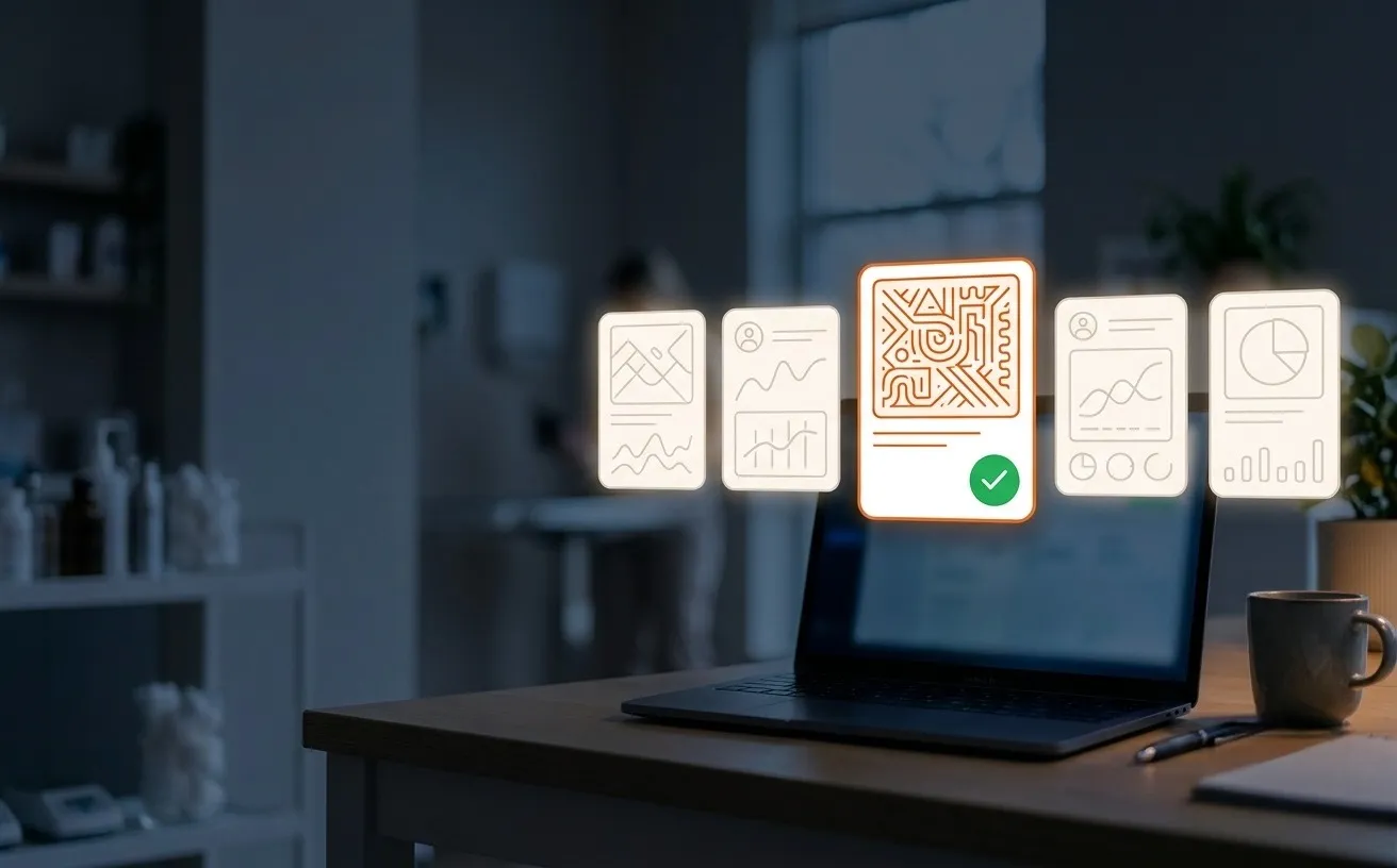 Five floating comparison cards above a laptop, with the center card highlighted and checked