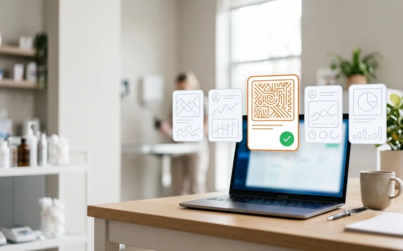 Five floating comparison cards above a laptop, with the center card highlighted and checked