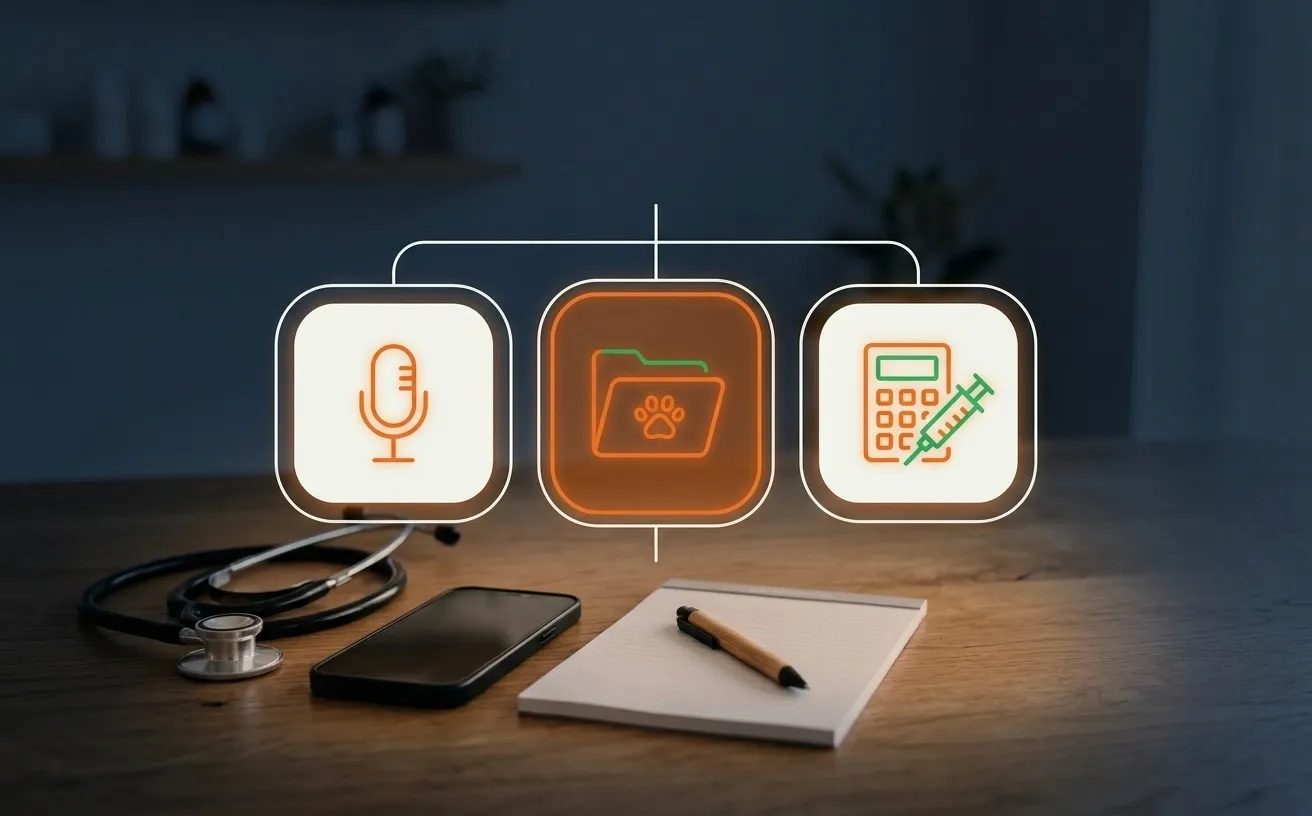A veterinary workspace from above with three tool badges for scribe, patient records, and dose calculation