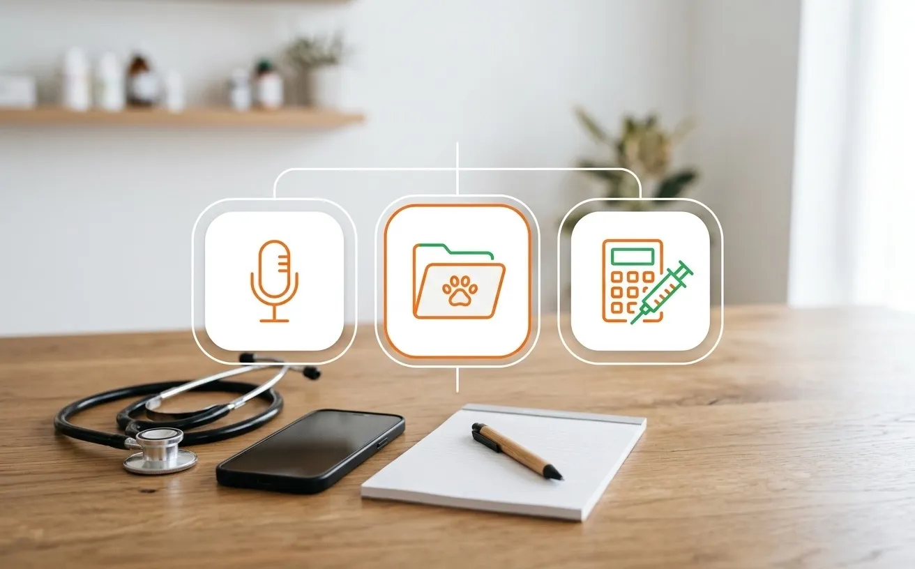 A veterinary workspace from above with three tool badges for scribe, patient records, and dose calculation