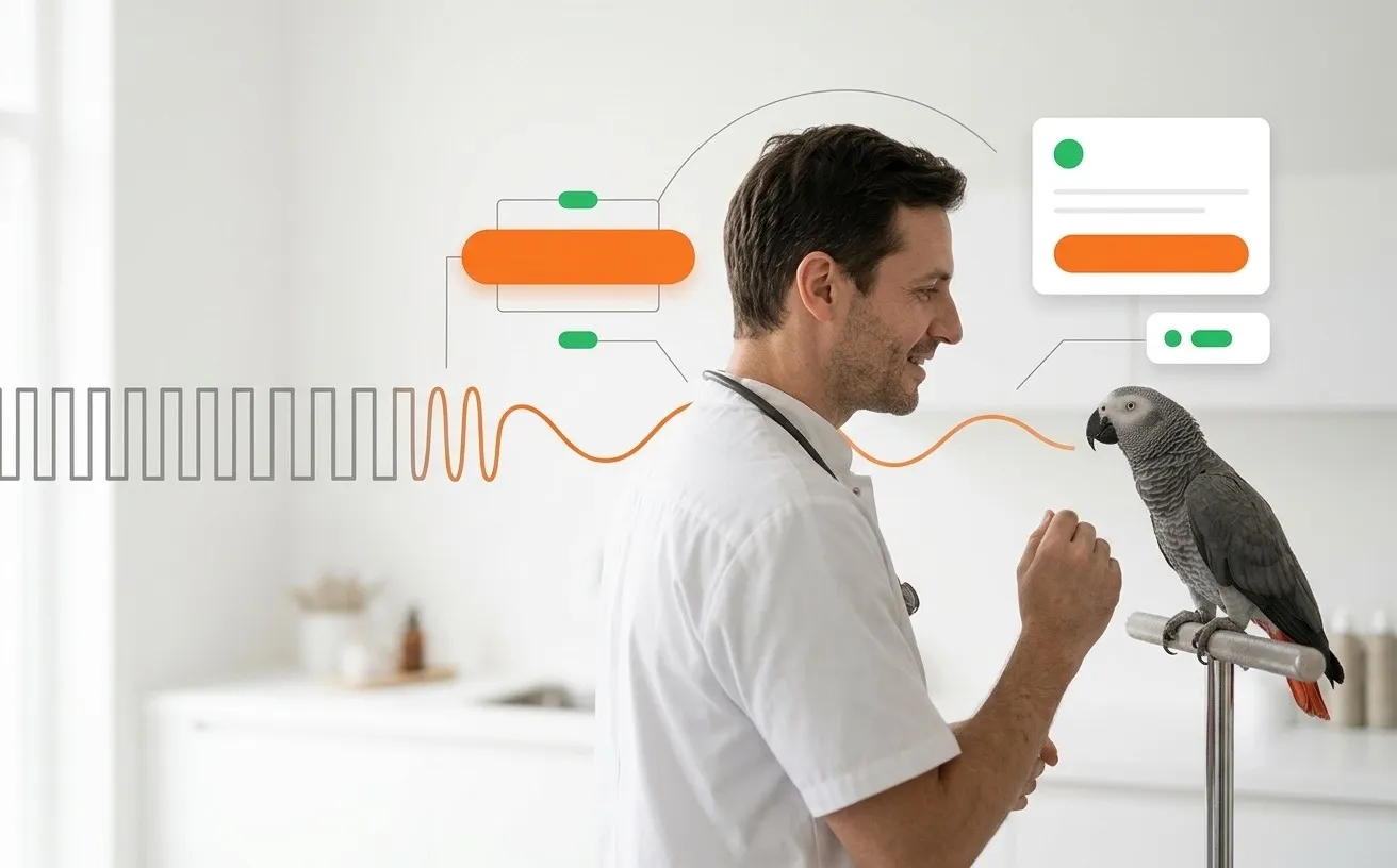 A veterinarian speaking naturally while examining a parrot as a rigid waveform relaxes into a smooth curve