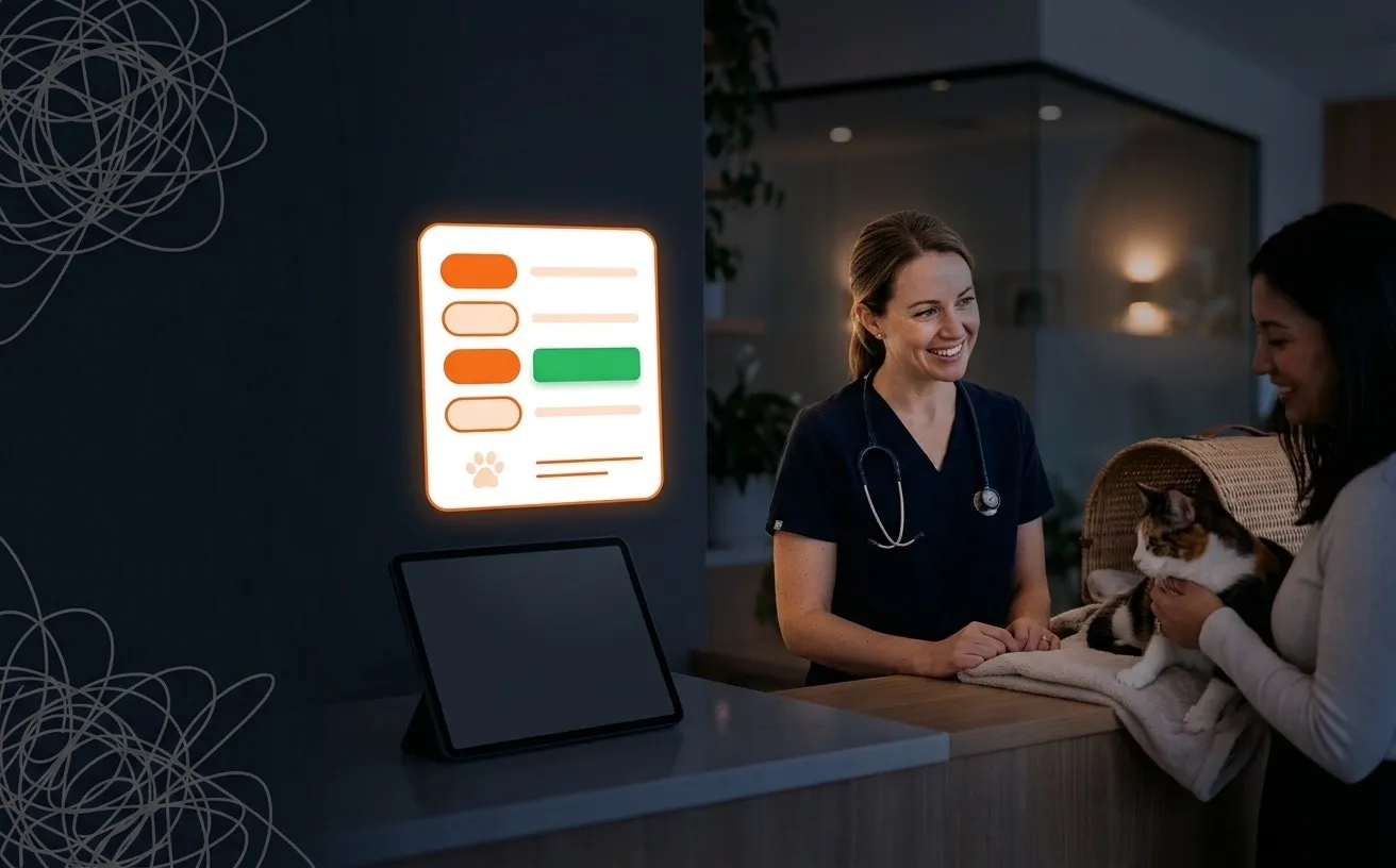 A tablet on a clinic counter with one clean floating schedule card while clutter falls away