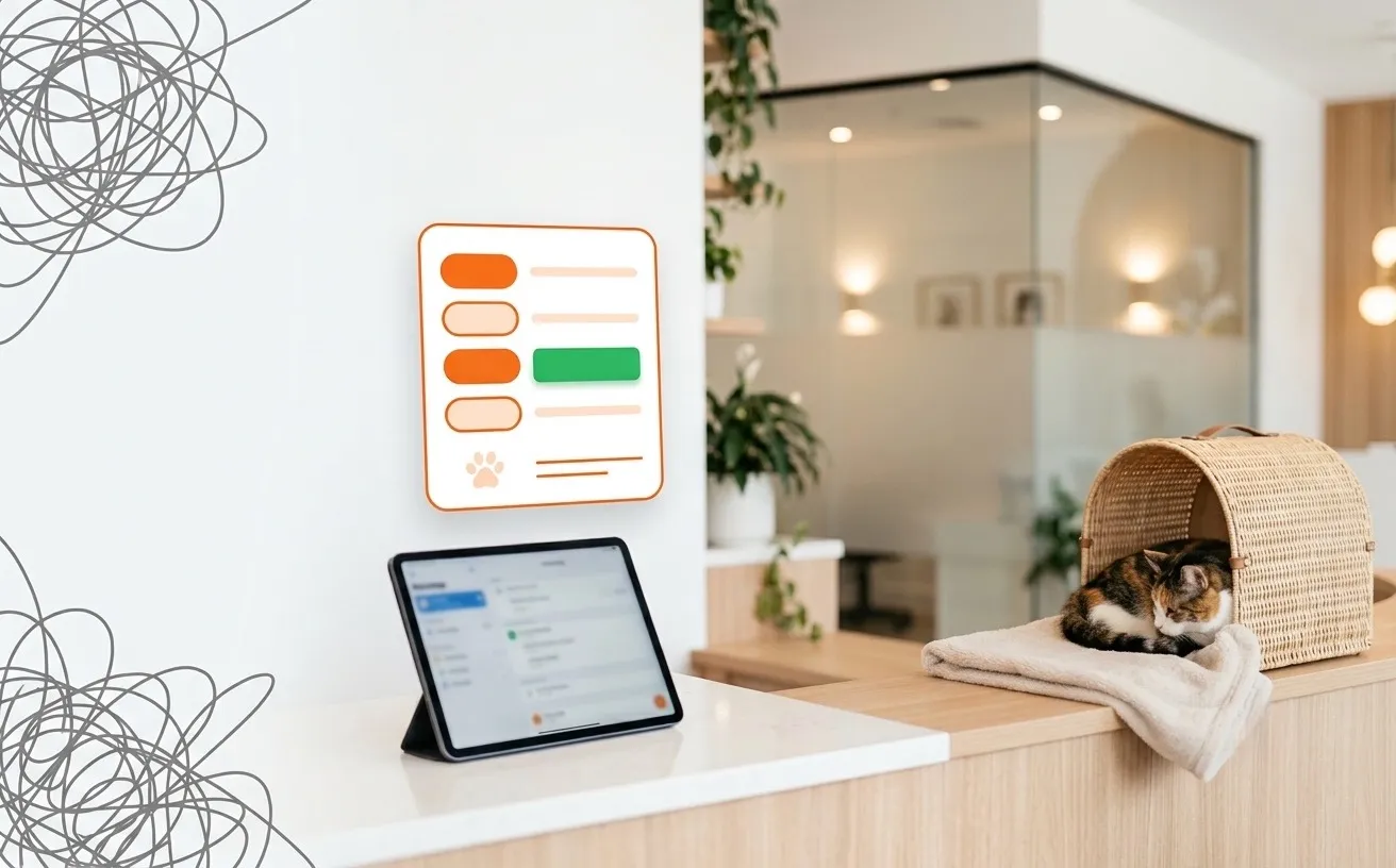 A tablet on a clinic counter with one clean floating schedule card while clutter falls away