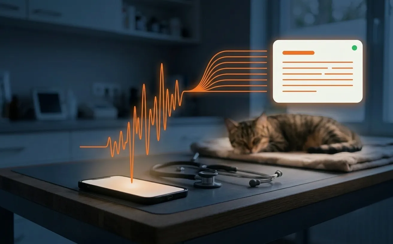A sound wave rising from a phone beside a stethoscope and turning into structured veterinary note lines
