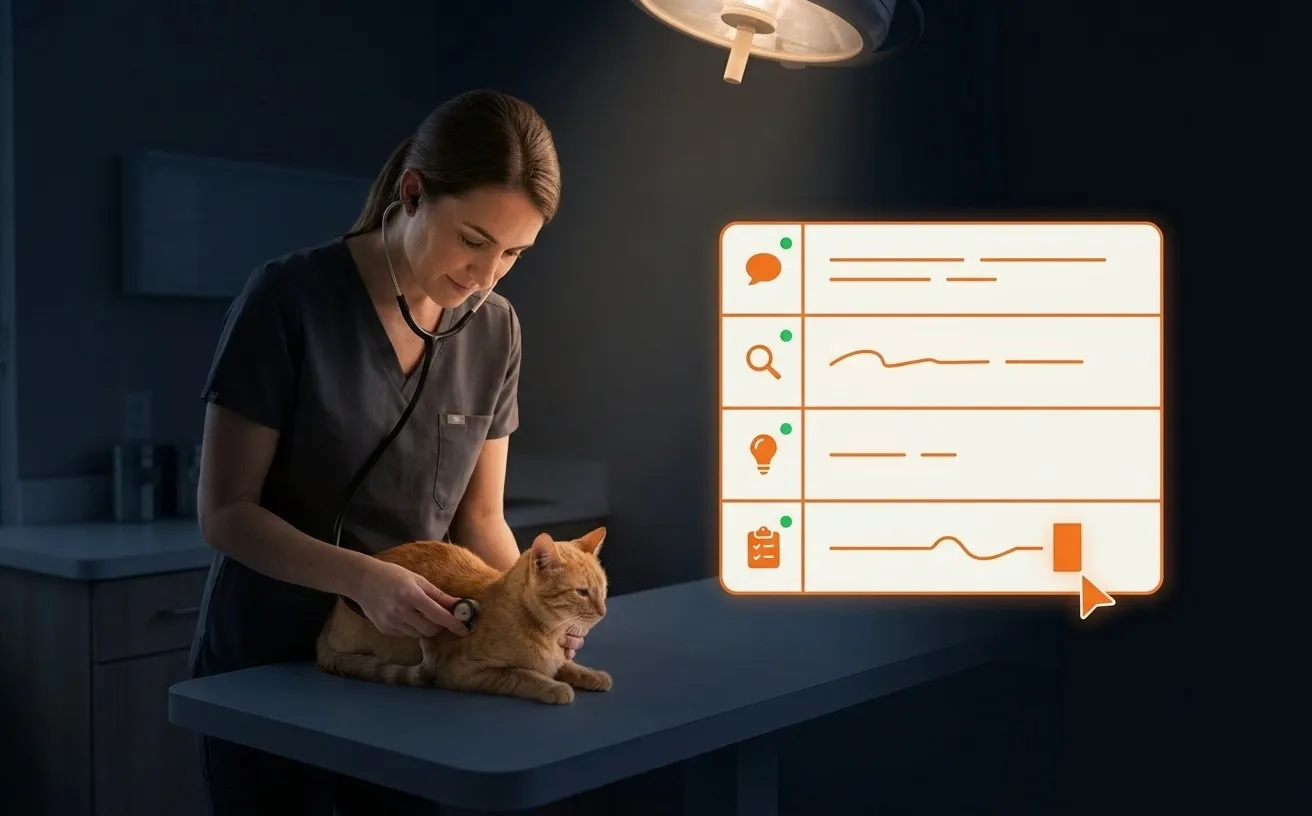 A veterinarian examining a cat while a four-section SOAP note panel fills itself in