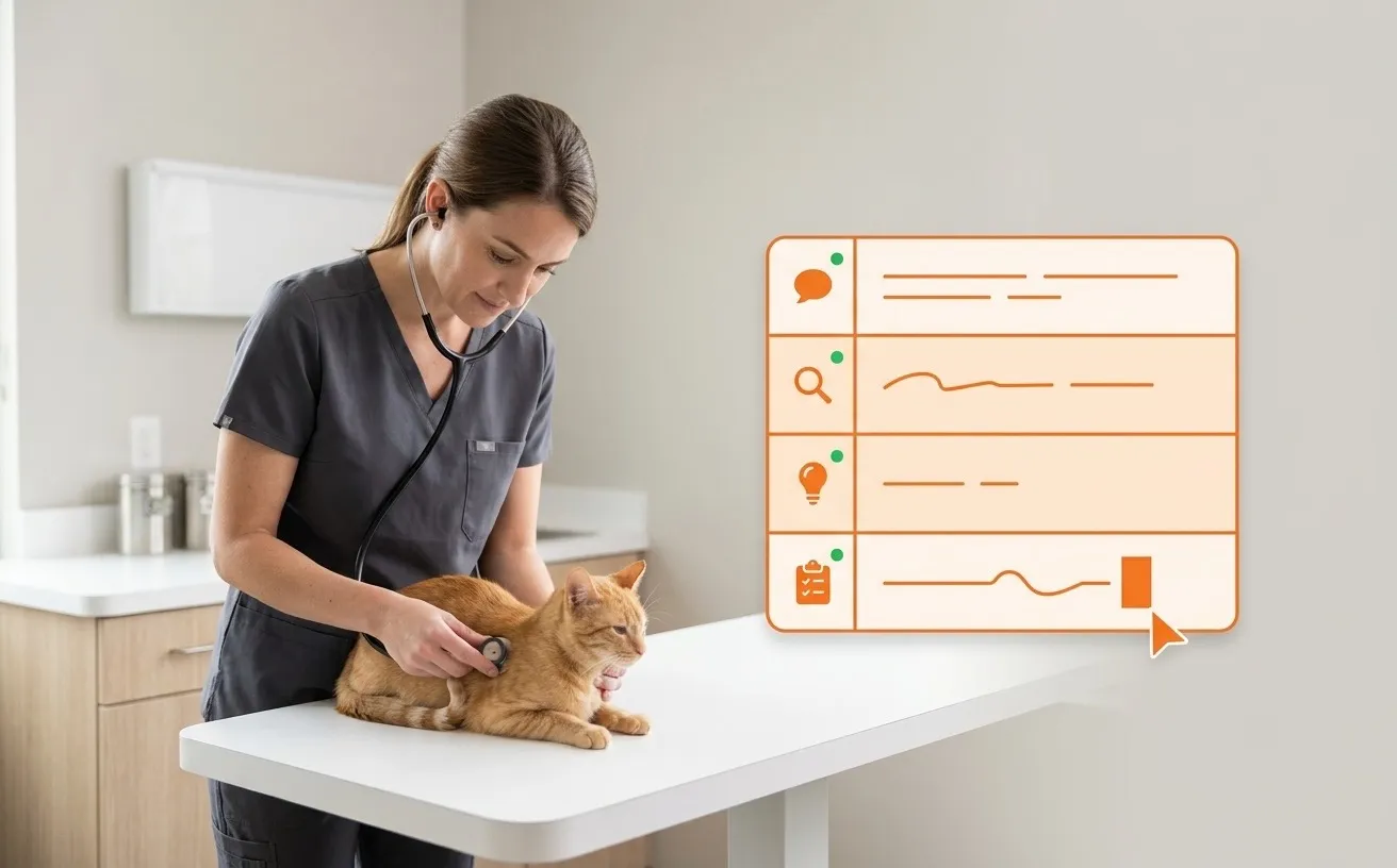 A veterinarian examining a cat while a four-section SOAP note panel fills itself in