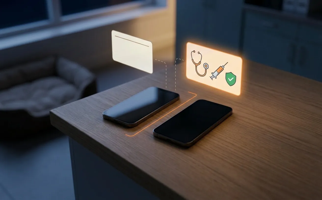 Two smartphones side by side, the right one carrying a stethoscope, syringe, and verified shield