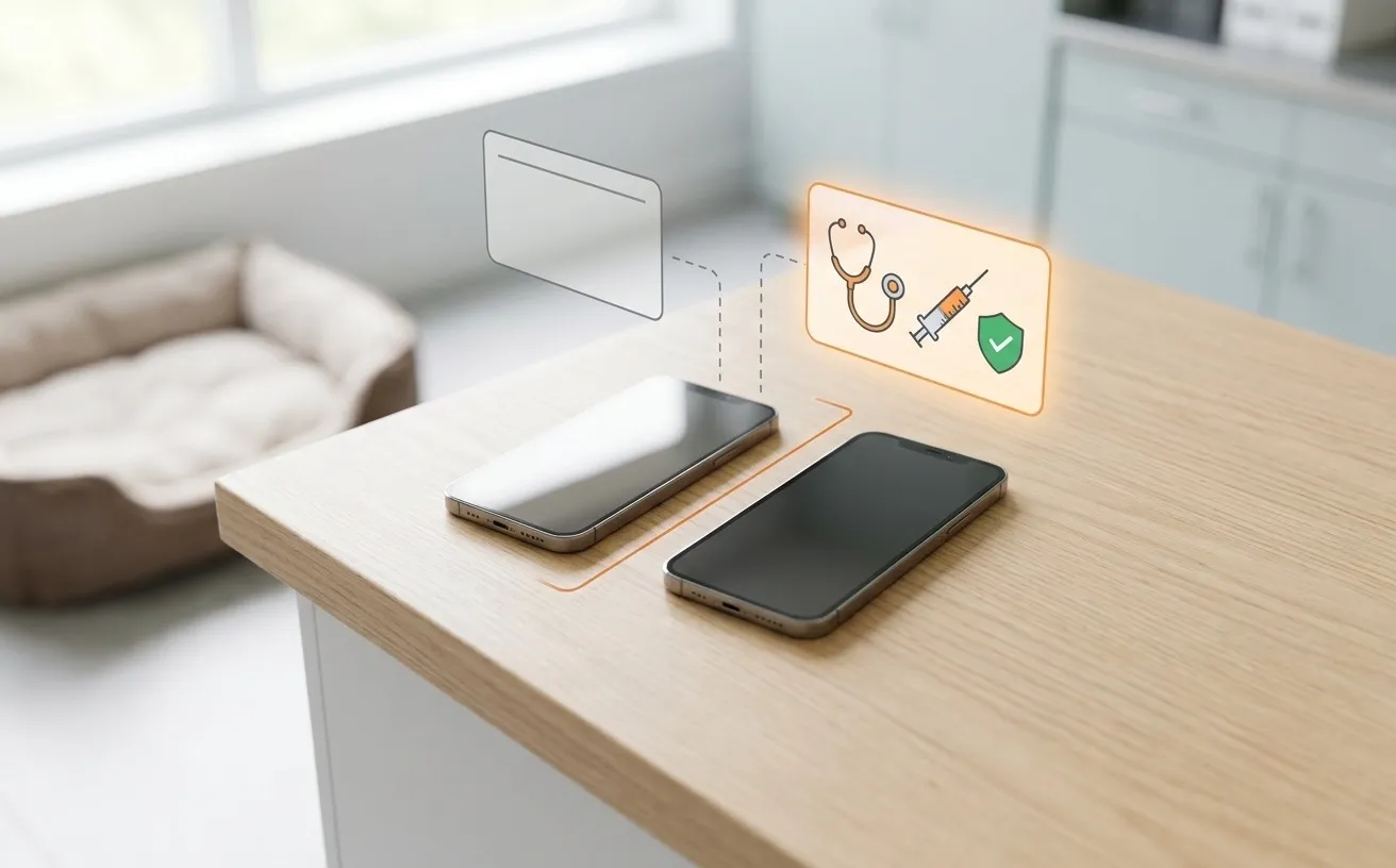 Two smartphones side by side, the right one carrying a stethoscope, syringe, and verified shield