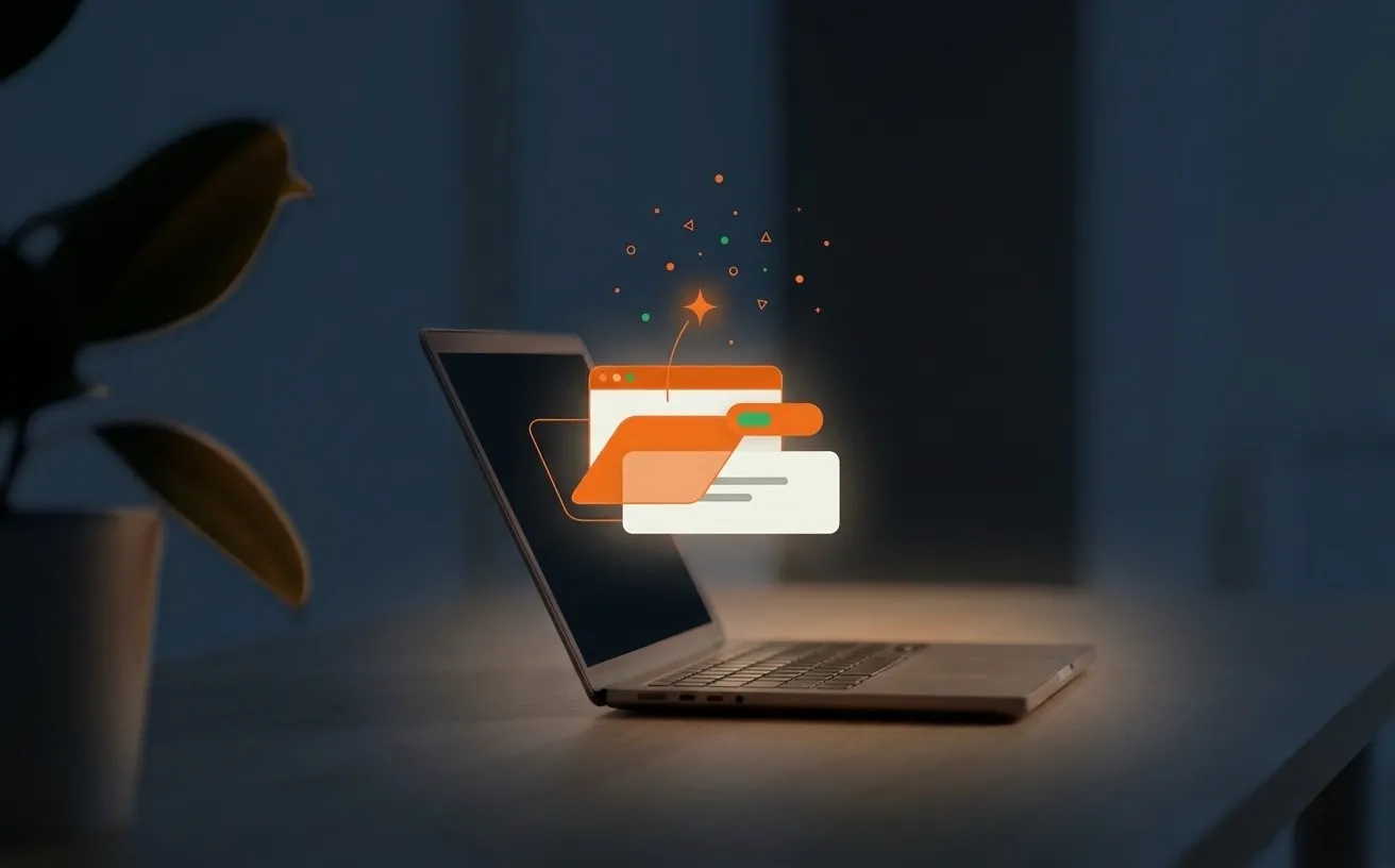 An open laptop with a small app window releasing a spark and floating geometric shapes