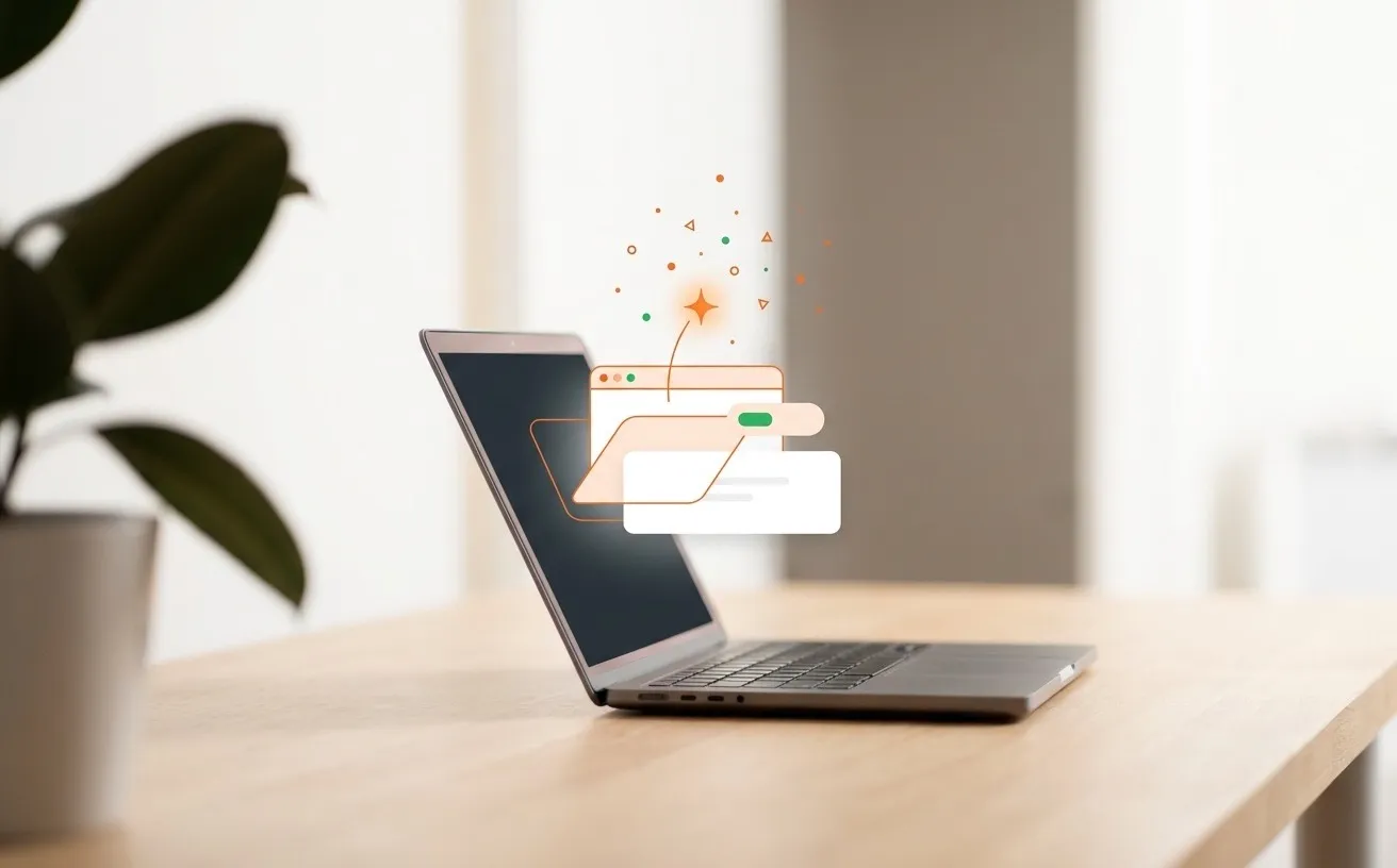 An open laptop with a small app window releasing a spark and floating geometric shapes